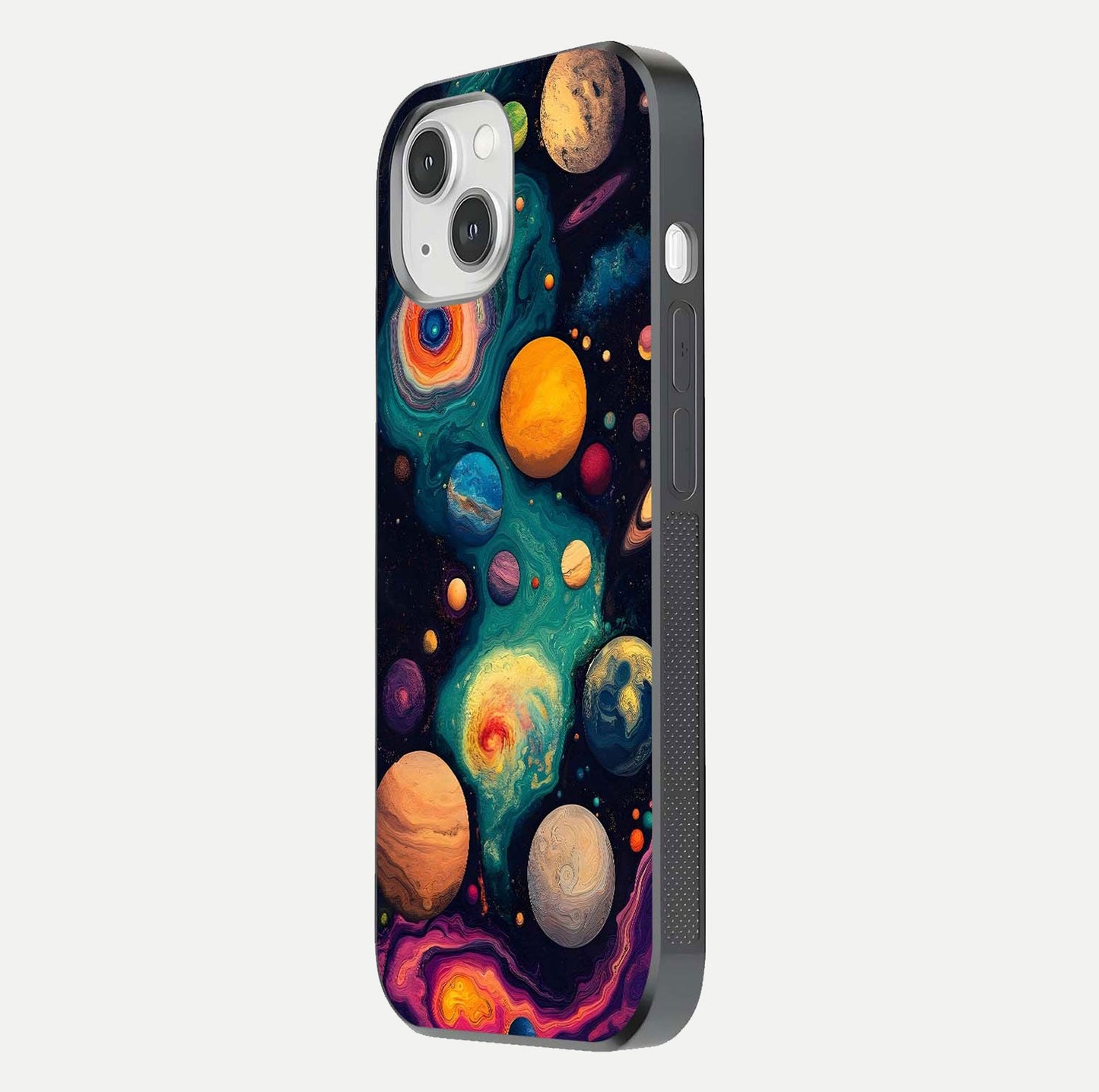 Cosmic Planet Journey Glass Case for iPhone 14 side-angle image capturing smooth gloss and reflective edges