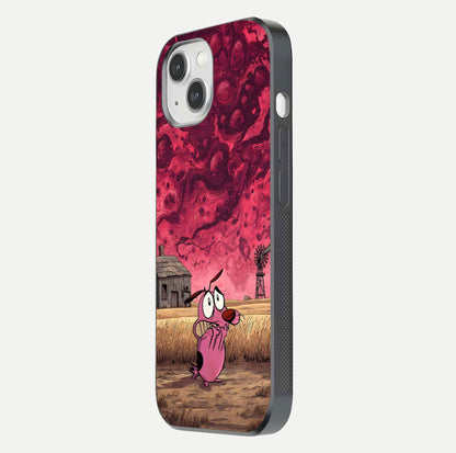 Courage Under Sky Glass Case for iPhone 14 side-angle photo showing gloss tone and curve highlight