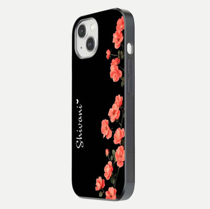 Crimson Bloom Grace Custom Name Glass Case for iPhone 14 side-angle photo capturing edge glow and name clarity