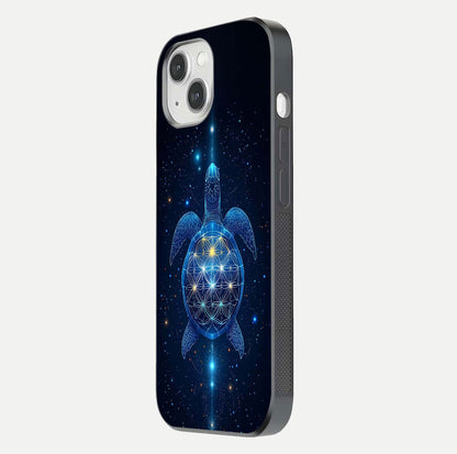 Crimson Blue Turtle Glass Case for iPhone 14 side-angle photo showing curved edge and glass gloss