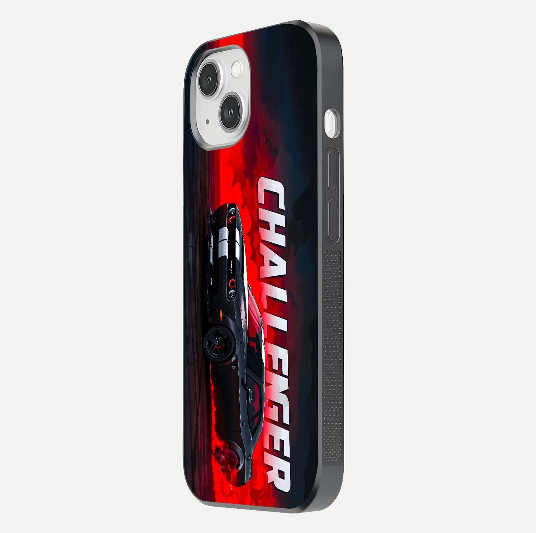 Crimson Challenger Fury Glass Case for iPhone 14 side-angle image showing curve reflection and red finish