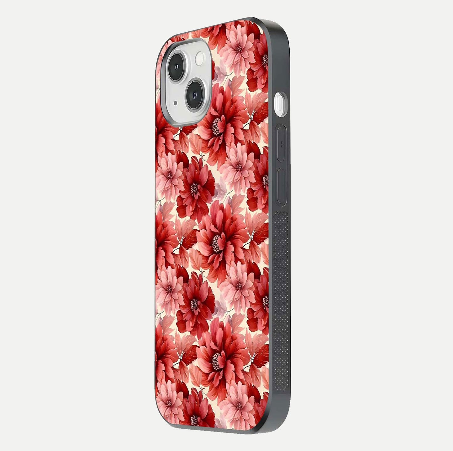 Crimson Love Petals Glass Case for iPhone 14 side-angle photo showing reflection glow and edge clarity