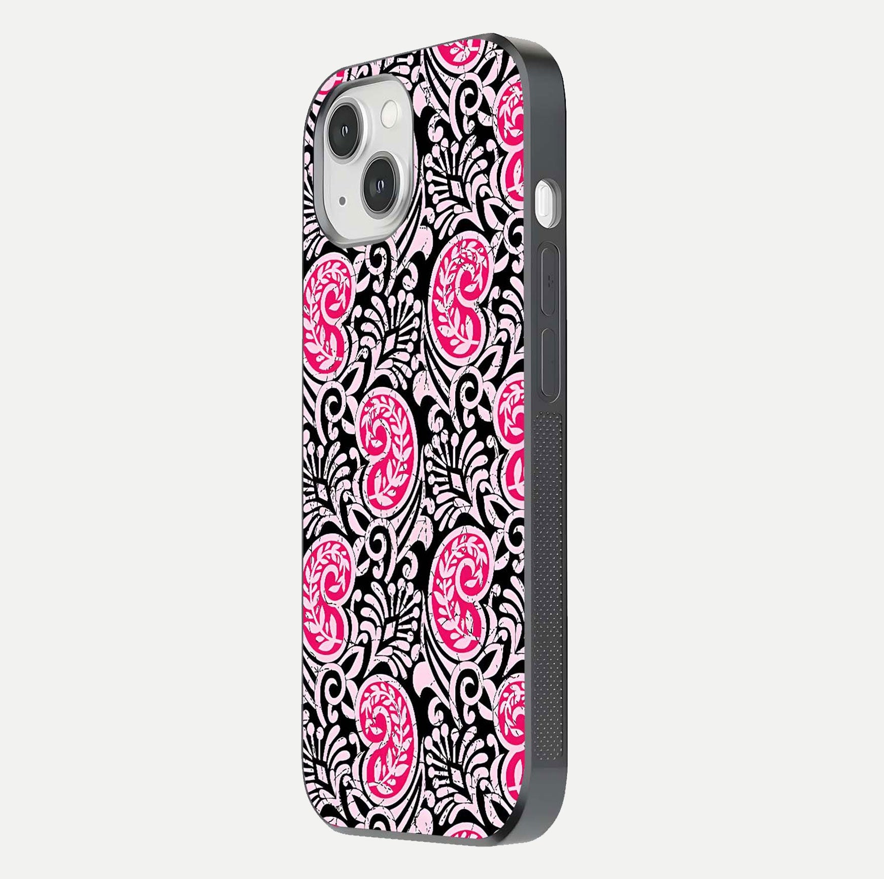 Crimson Paisley Charm Glass Case for iPhone 14 side-angle image showing reflection and smooth edges