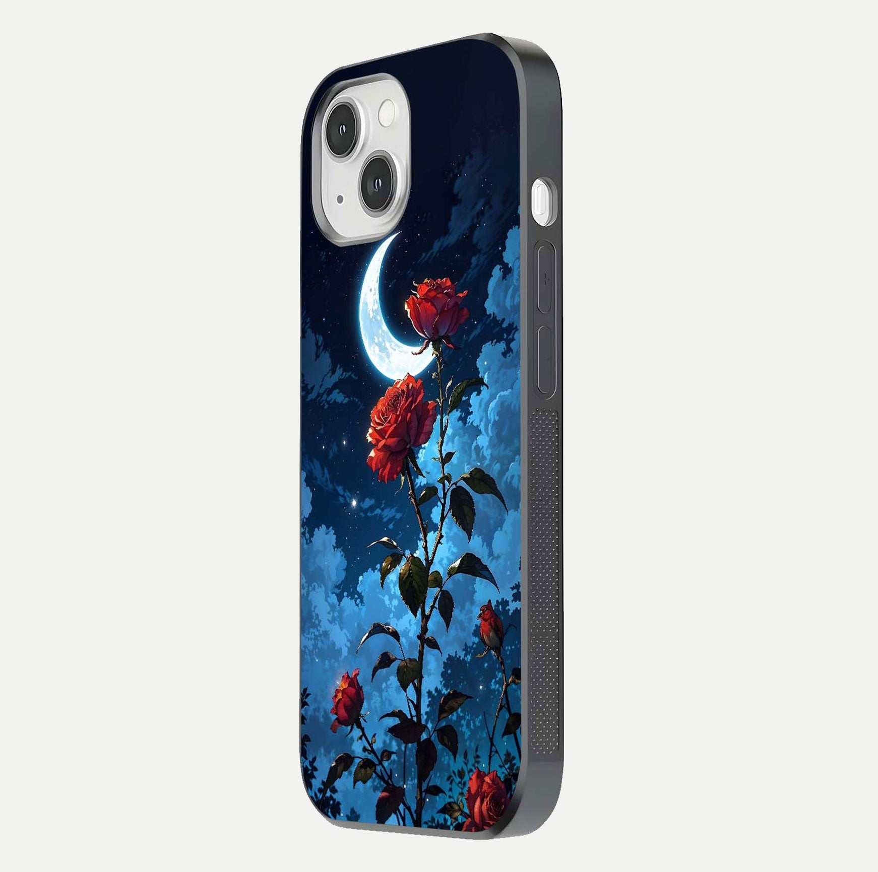 Crimson Rose Moon Glass Case for iPhone 14 side-angle photo showing reflective texture and smooth curve