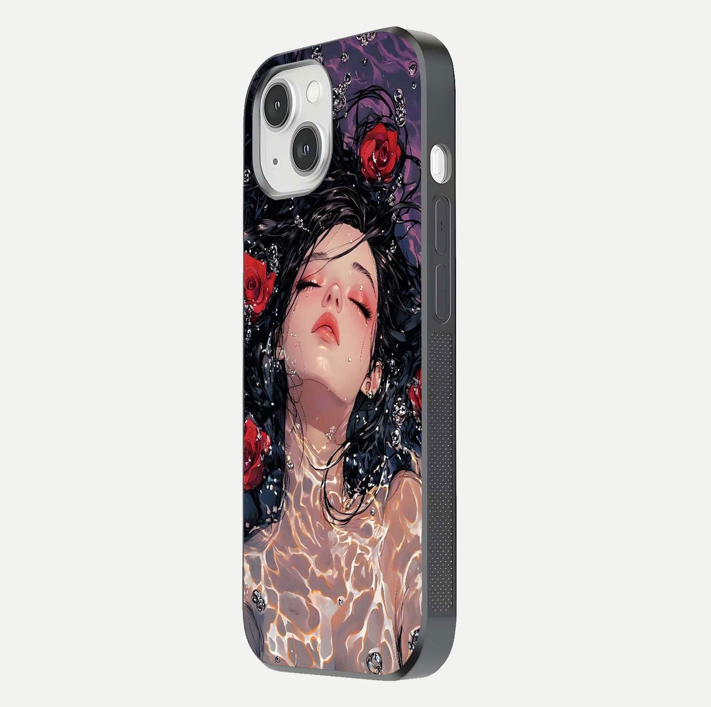 Crimson Rose Serenity Glass Case for iPhone 14 side-angle photo showing glass reflection and soft edges