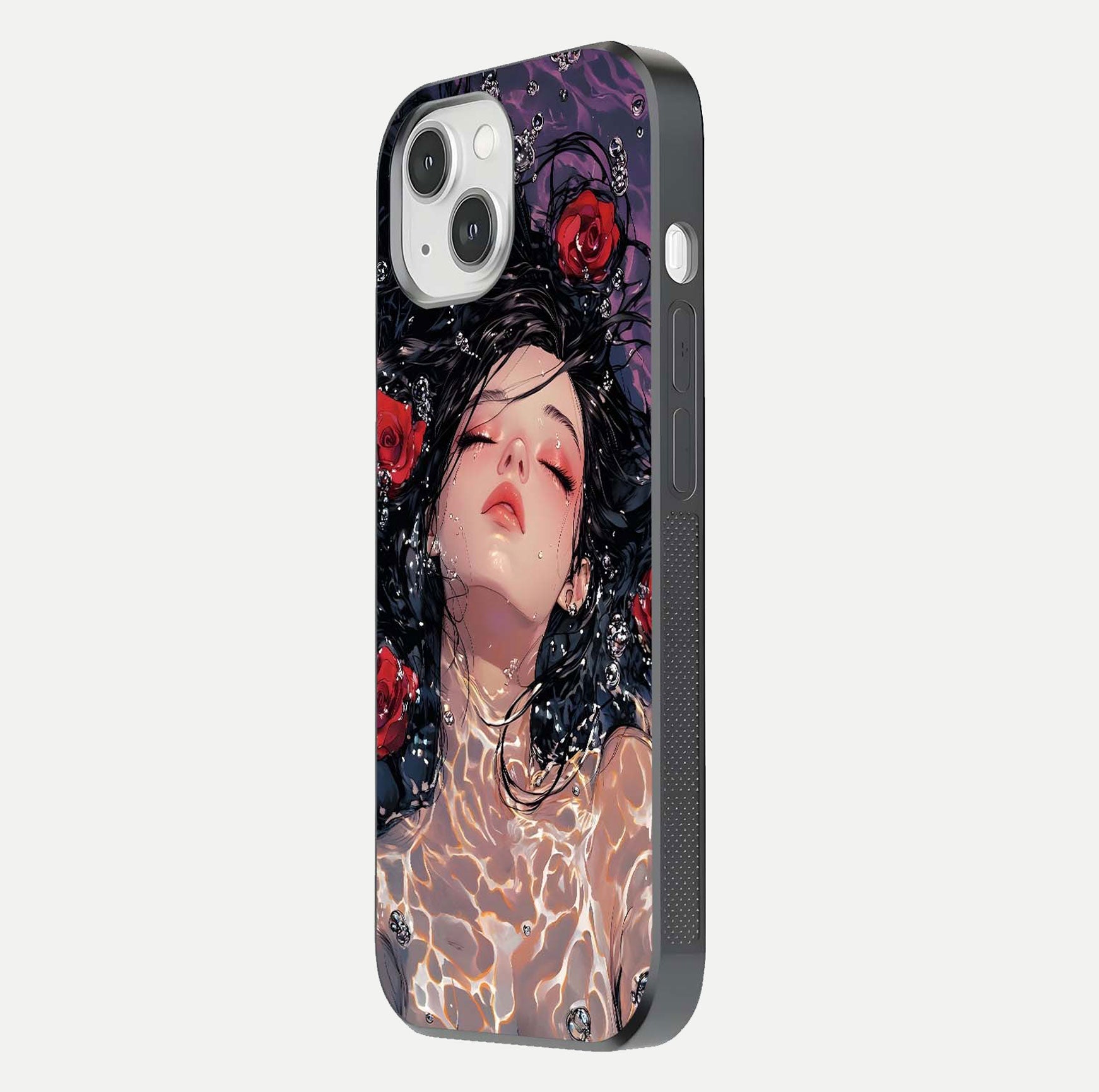 Crimson Rose Serenity Glass Case for iPhone 14 side-angle photo showing glass reflection and soft edges