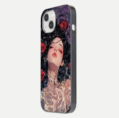 Crimson Rose Serenity Glass Case for iPhone 14 side-angle photo showing glass reflection and soft edges