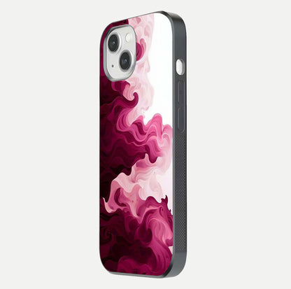 Crimson Wave Flow Glass Case for iPhone 14 side-angle photo showing reflection glow and HD finish