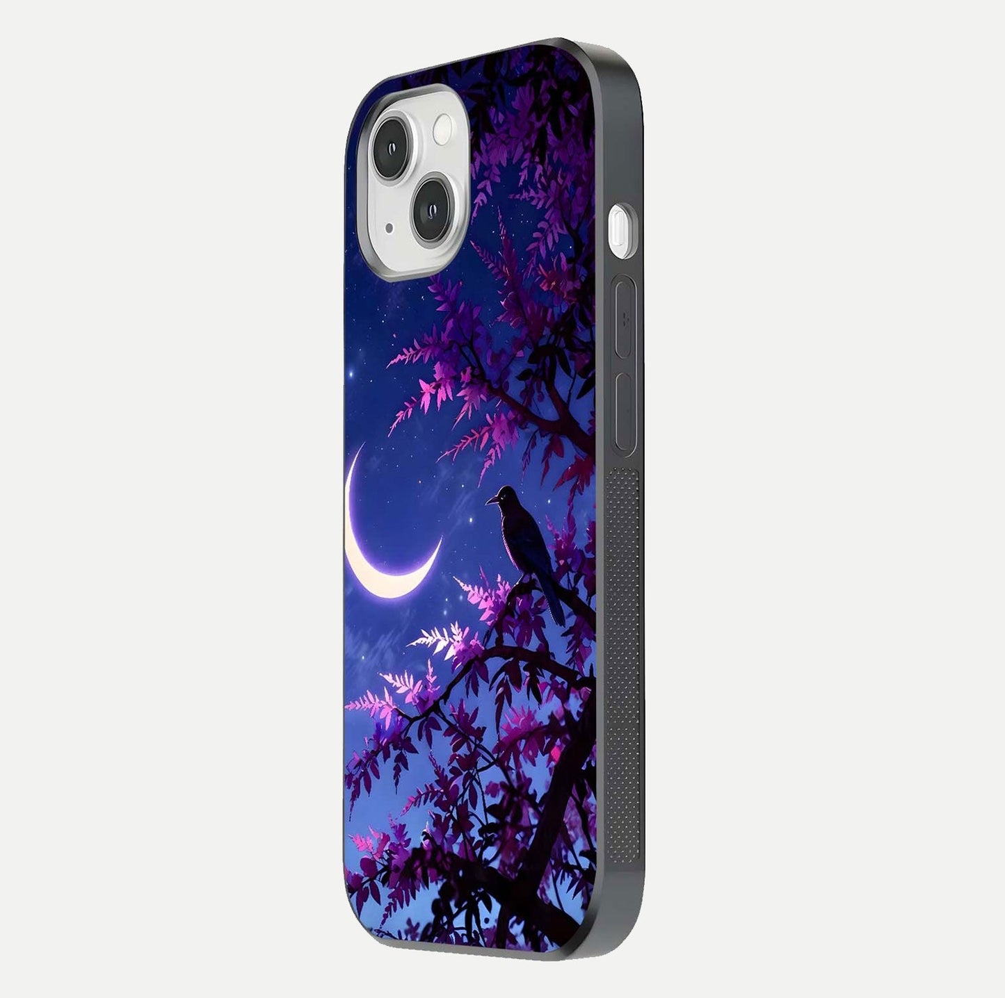 Crow & Moon Scenery Glass Case for iPhone 14 side-angle photo capturing glossy shine and artistic contrast