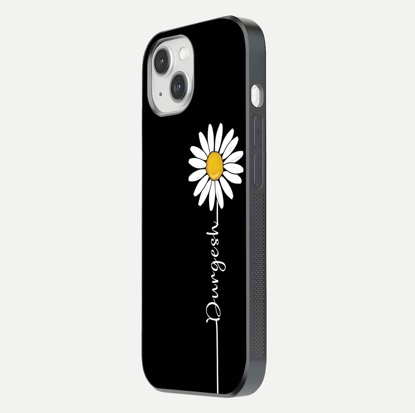 Custom Name White Flower Glass Case for iPhone 14 side-angle photo showing reflection shine and name clarity