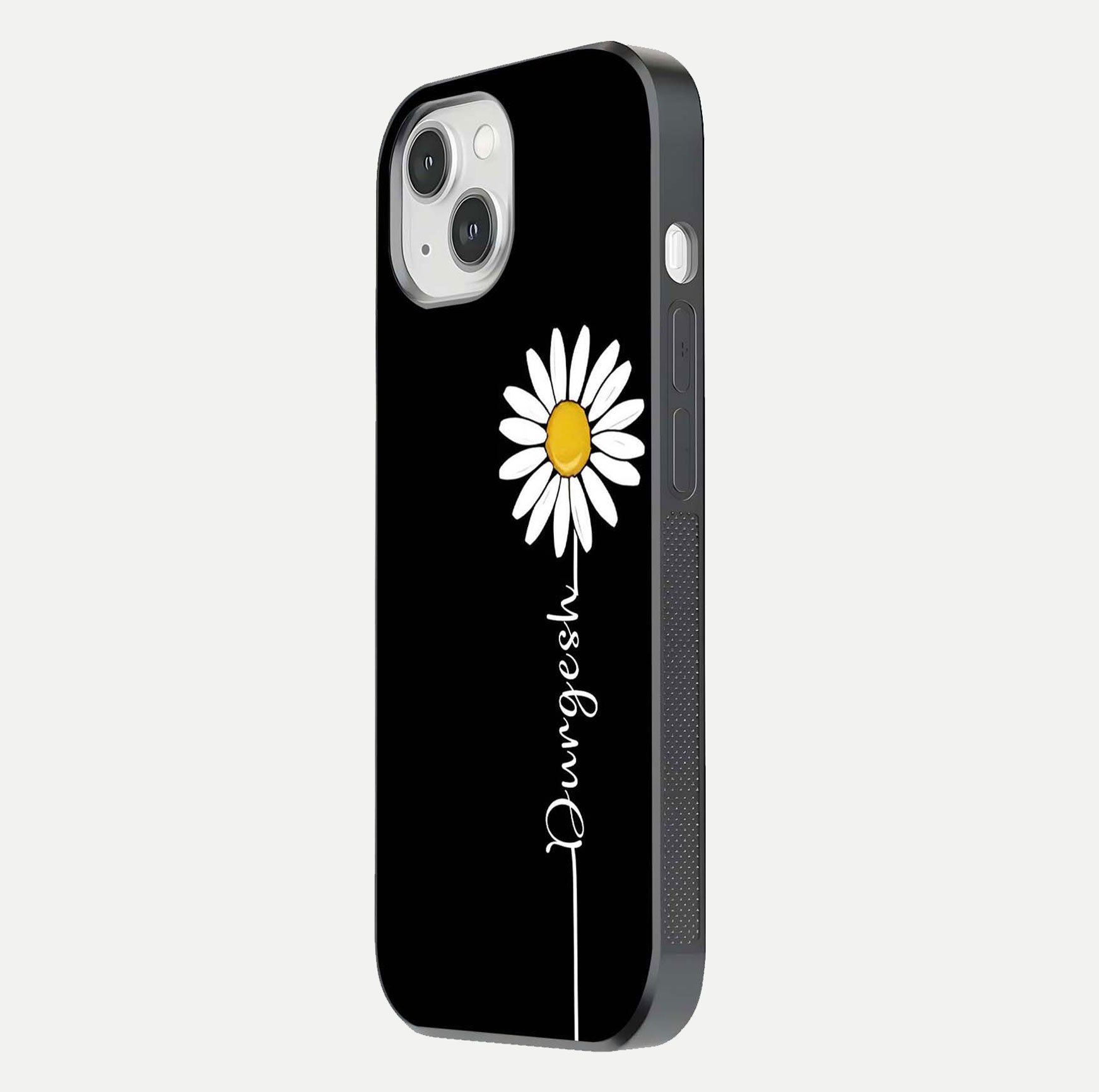 Custom Name White Flower Glass Case for iPhone 14 side-angle photo showing reflection shine and name clarity