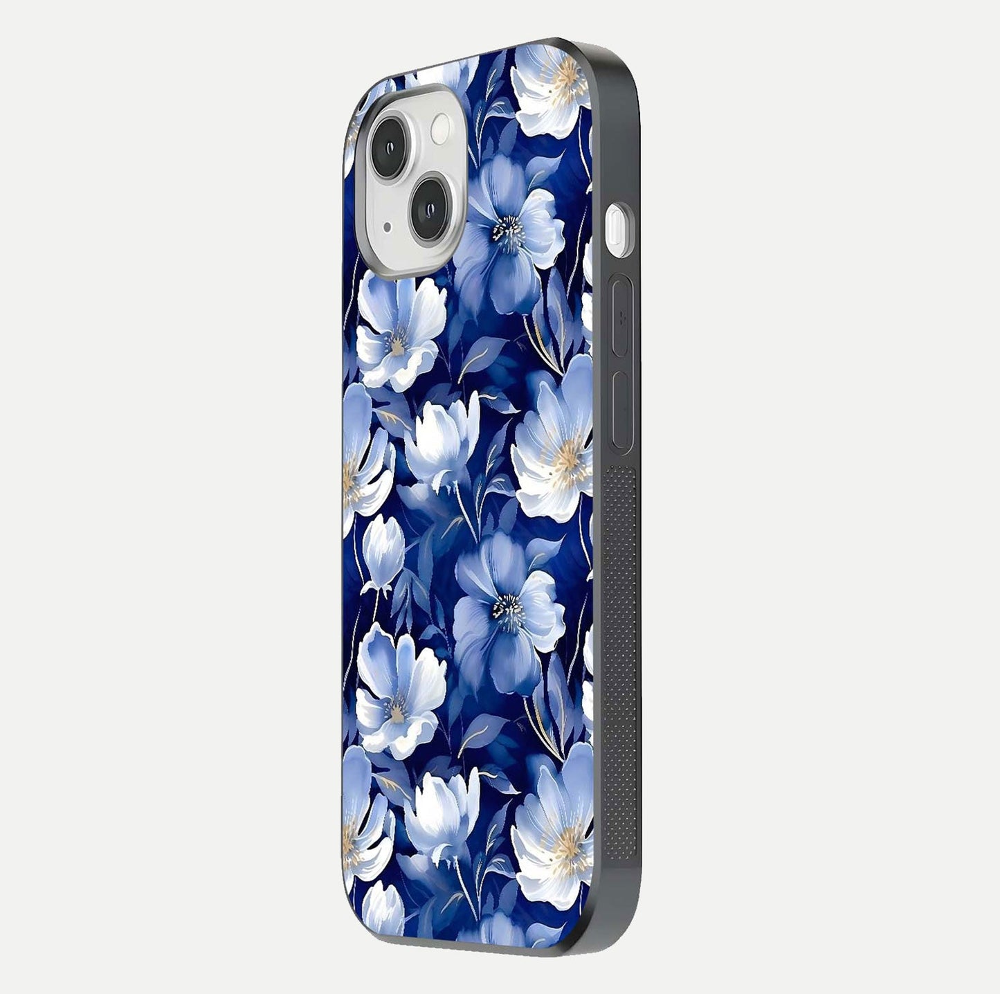 Cute Floral Patterns Glass Case for iPhone 14 side-angle image showing polished surface and gloss tone