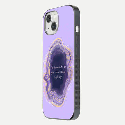Damned People Quote Glass Case for iPhone 14 side-angle image showing light shine and smooth edges