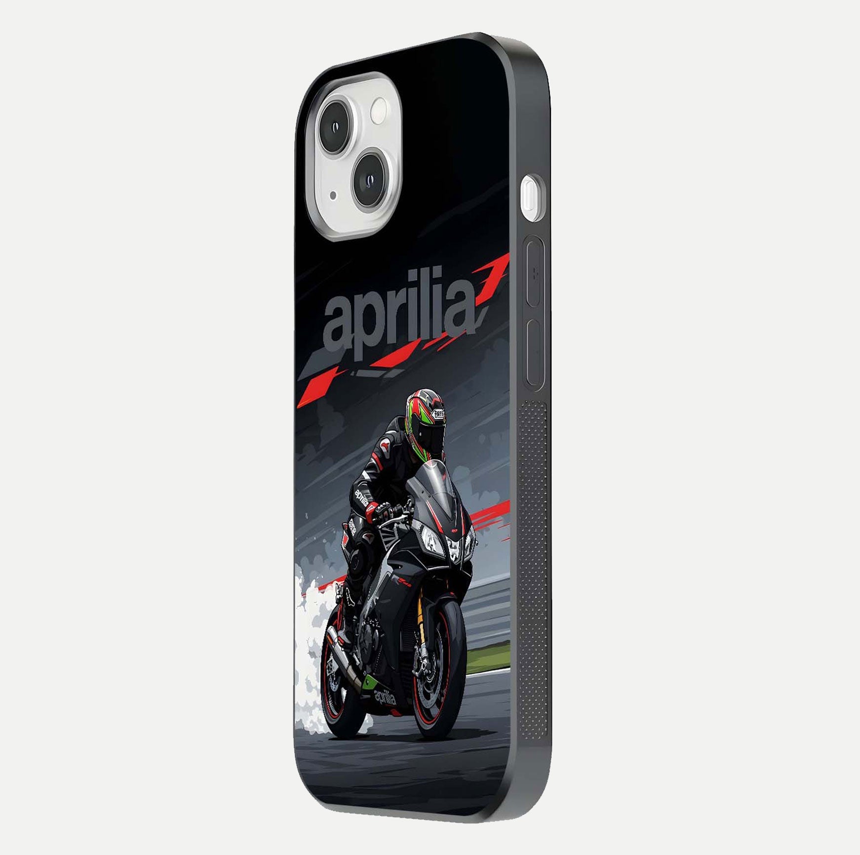 Dark Aprilla Glass Case for iPhone 14 side-angle photo showing reflection gloss and curved edge finish