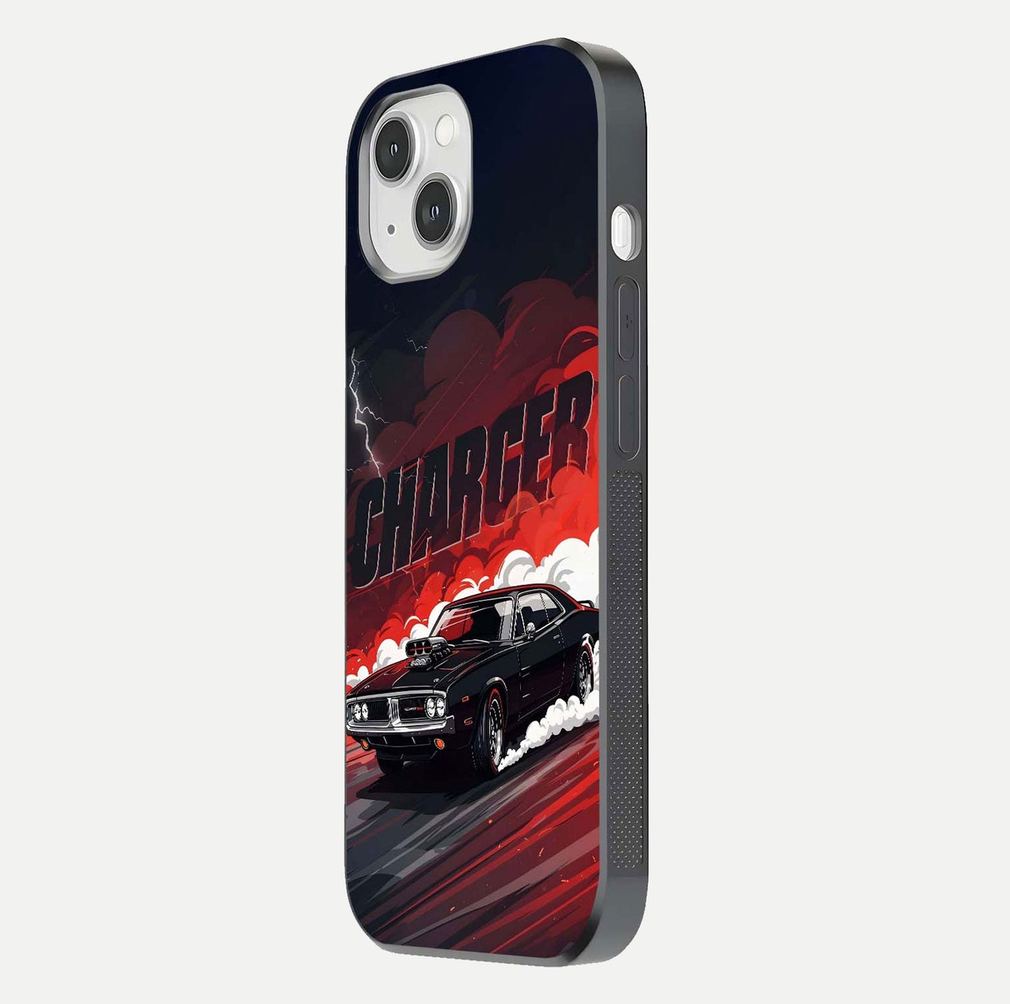 Dark Charger Fury Glass Case for iPhone 14 side-angle image showing edge gloss and bold tone