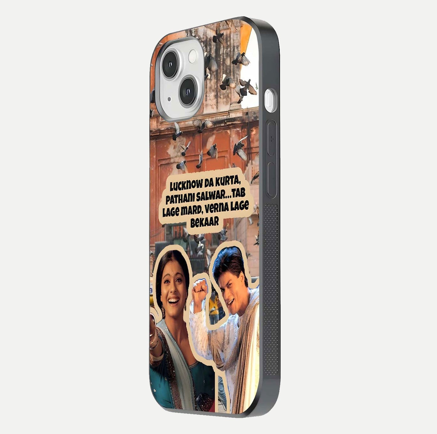 Desi Retro Vibes Glass Case for iPhone 14 side-angle image displaying gloss texture and bold pattern