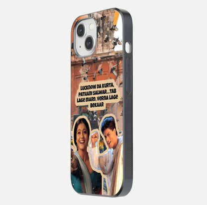 Desi Retro Vibes Glass Case for iPhone 14 side-angle image displaying gloss texture and bold pattern