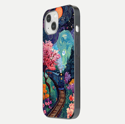 Digital Art Glass Case for iPhone 14 side-angle photo showing shine depth and artistic clarity