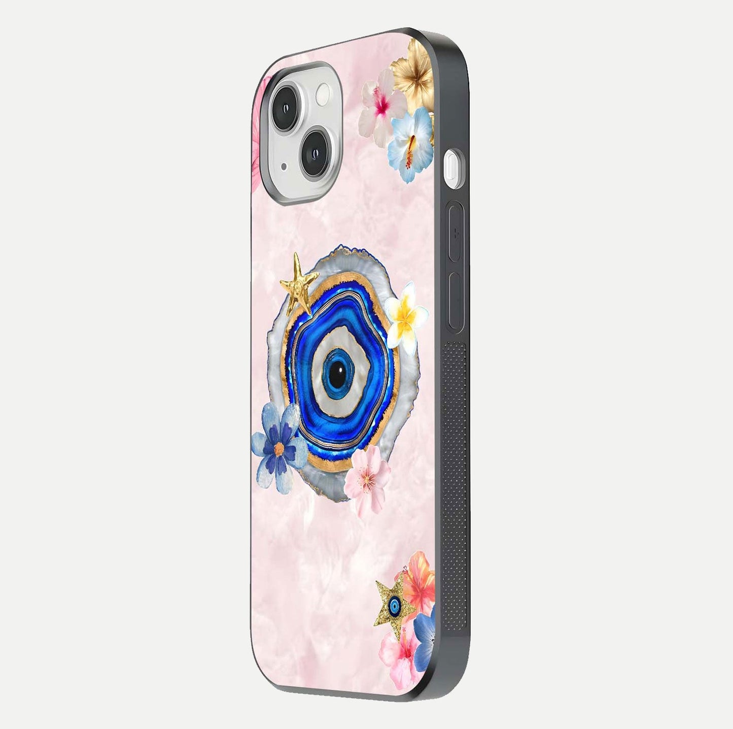 Divine Aura Bloom Glass Case for iPhone 14 side-angle photo capturing reflection glow and premium polish