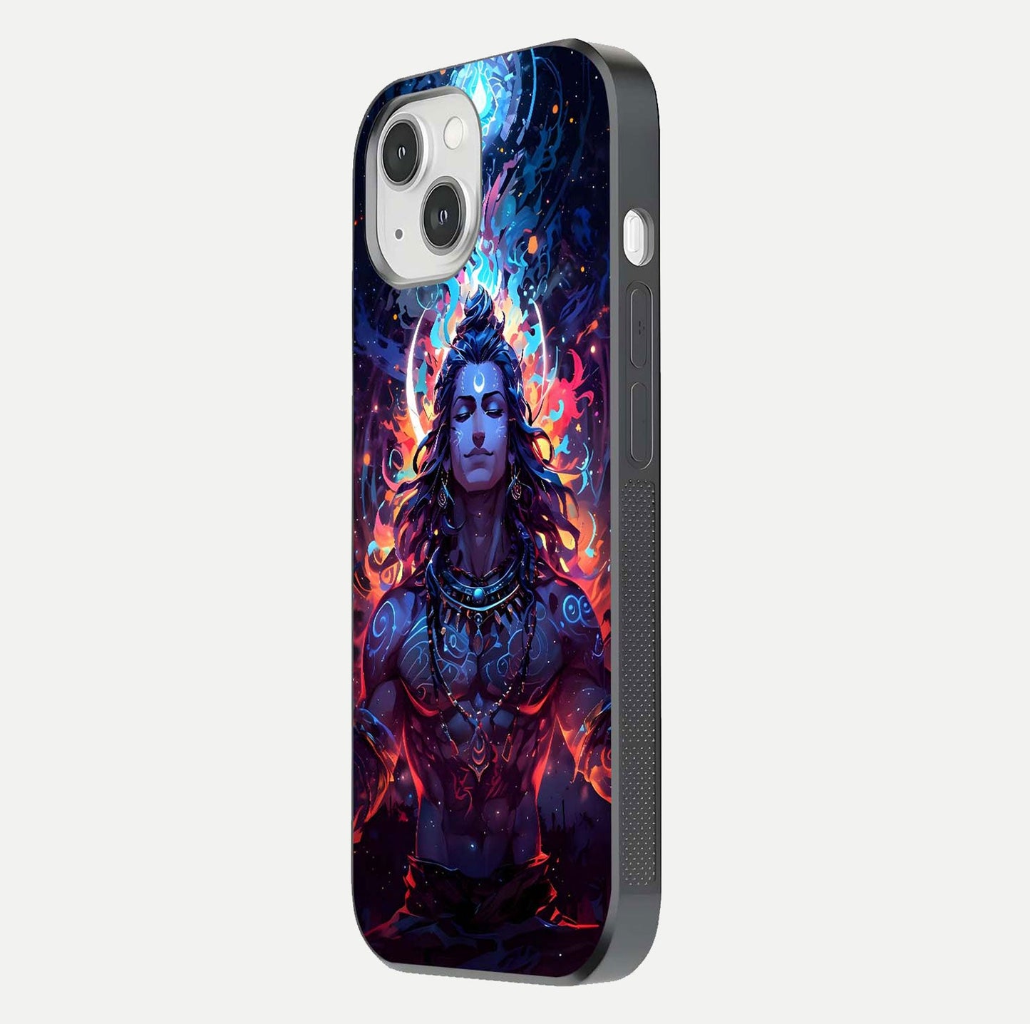 Divine Fire Shiv Glass Case for iPhone 14 side-angle image showing reflection clarity and shine