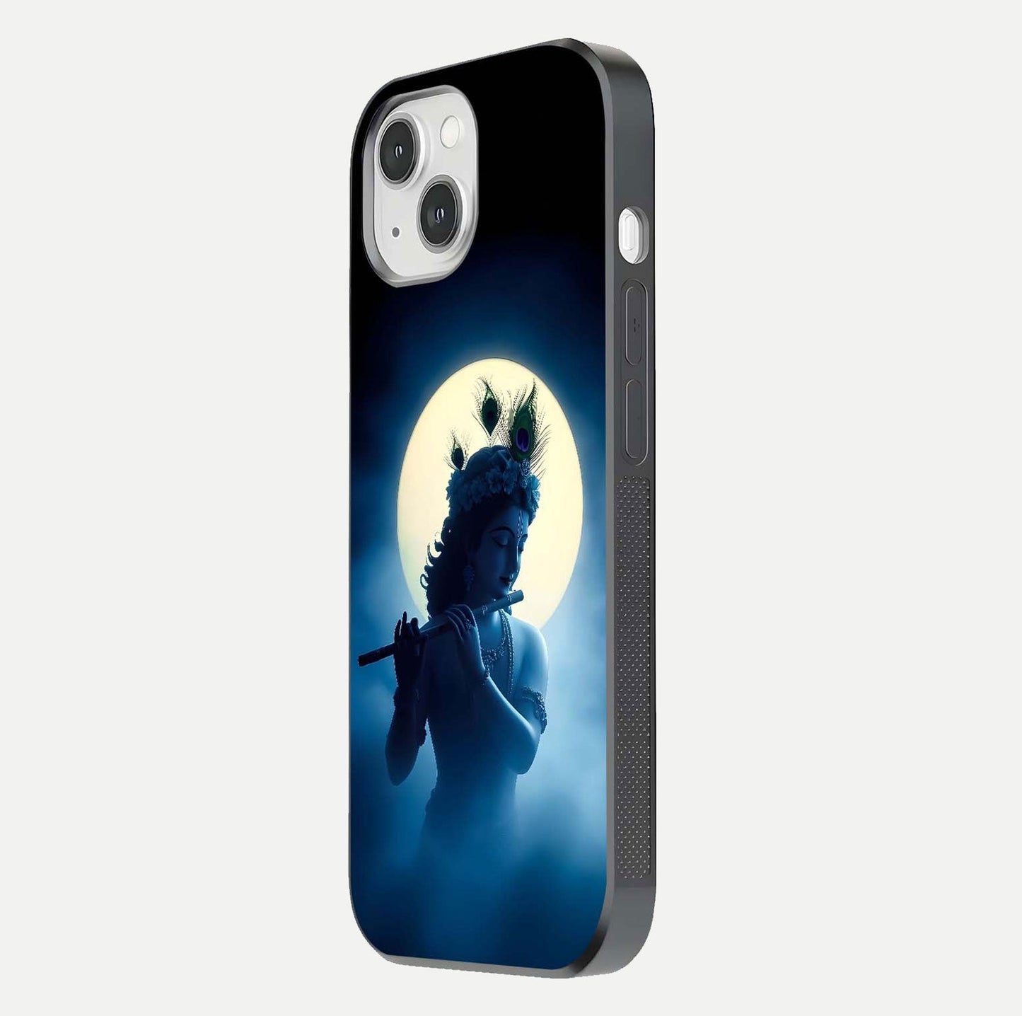 Divine Moon Flute Glass Case for iPhone 14 side-angle image capturing reflection depth and soft color