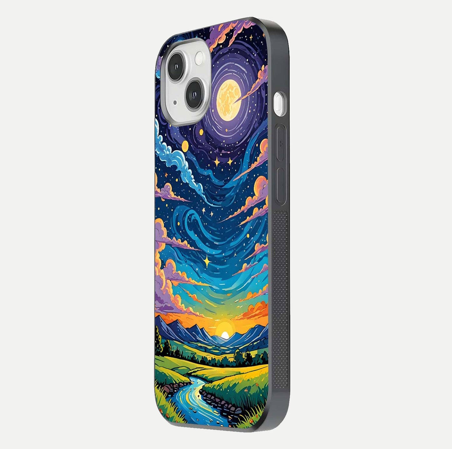 Dreamy Night Landscape Glass Case for iPhone 14 side-angle photo capturing reflection glow and edge detail