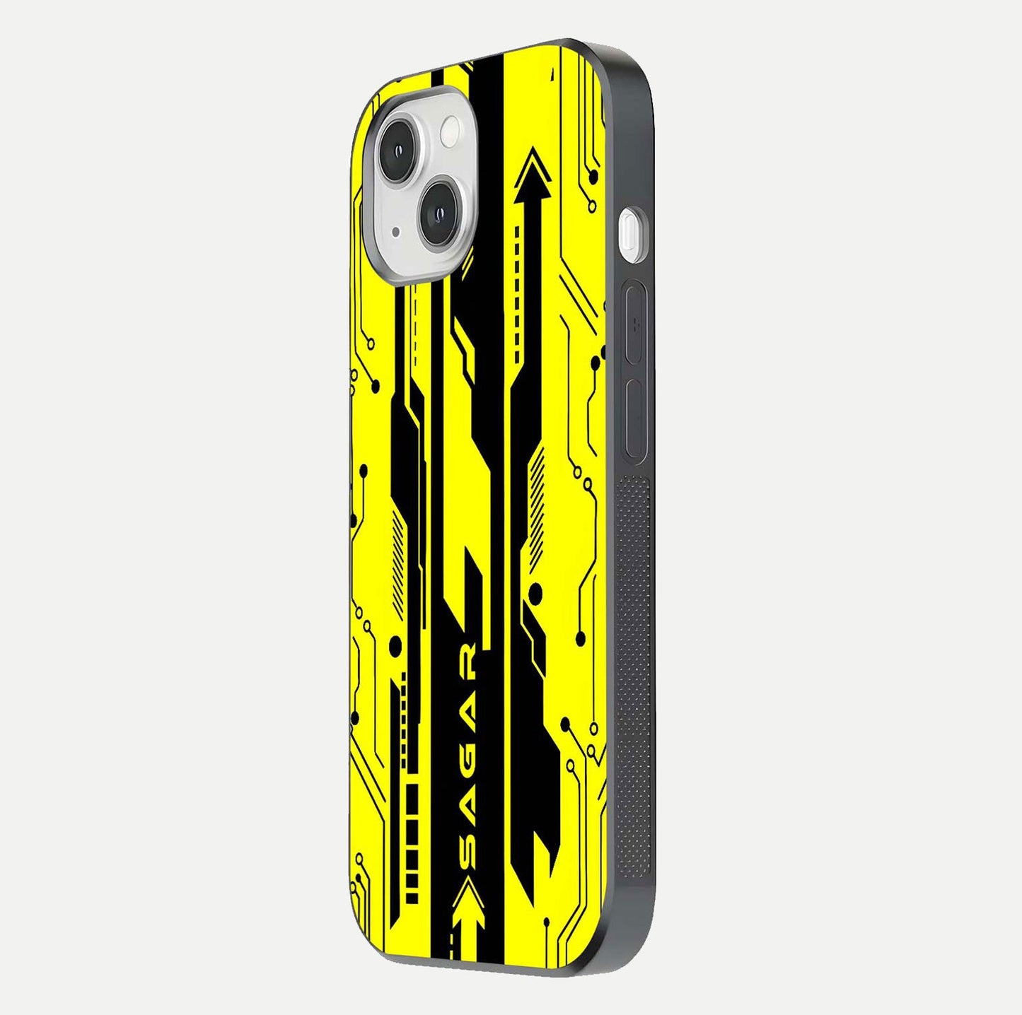Electric Pulse CYBERPUNK Custom Name Glass Case for iPhone 14 side-angle image showing glossy reflection and edge illumination