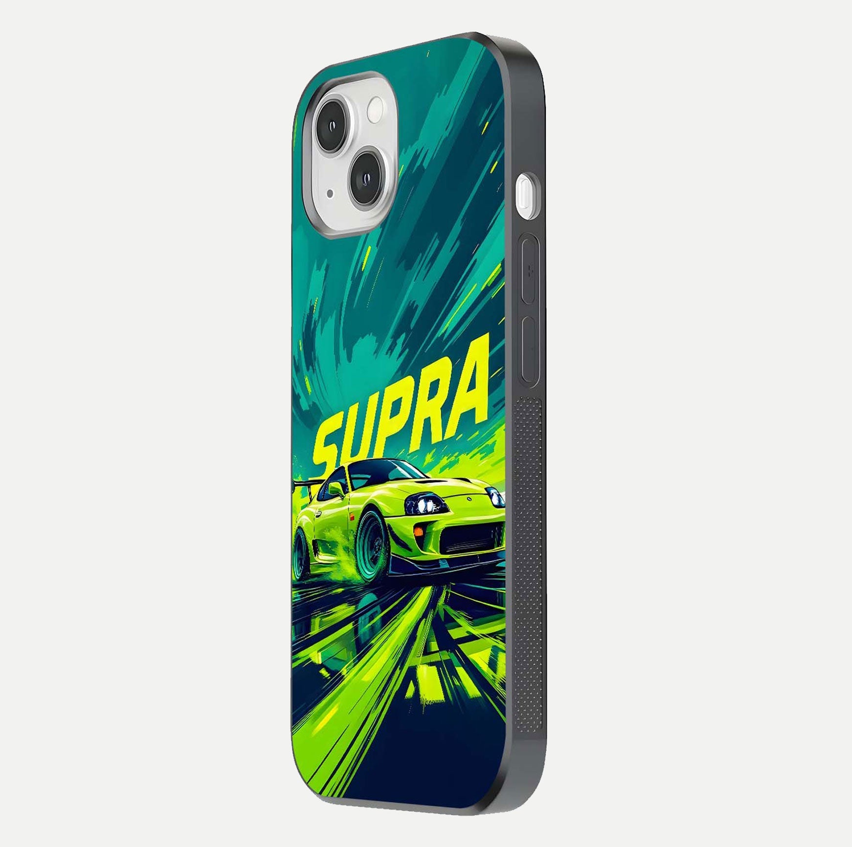 Electric Supra Thunder Glass Case for iPhone 14 side-angle photo showing sleek car outline and reflective shine