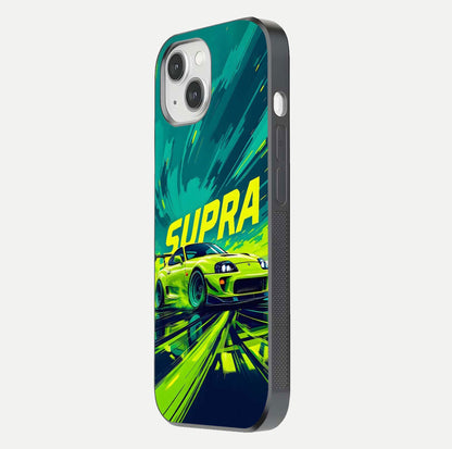 Electric Supra Thunder Glass Case for iPhone 14 side-angle photo showing sleek car outline and reflective shine