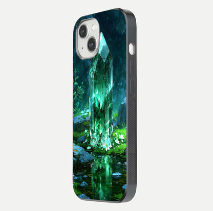 Emerald Light Crystal Glass Case for iPhone 14 side-angle image showing gloss reflection and curved border
