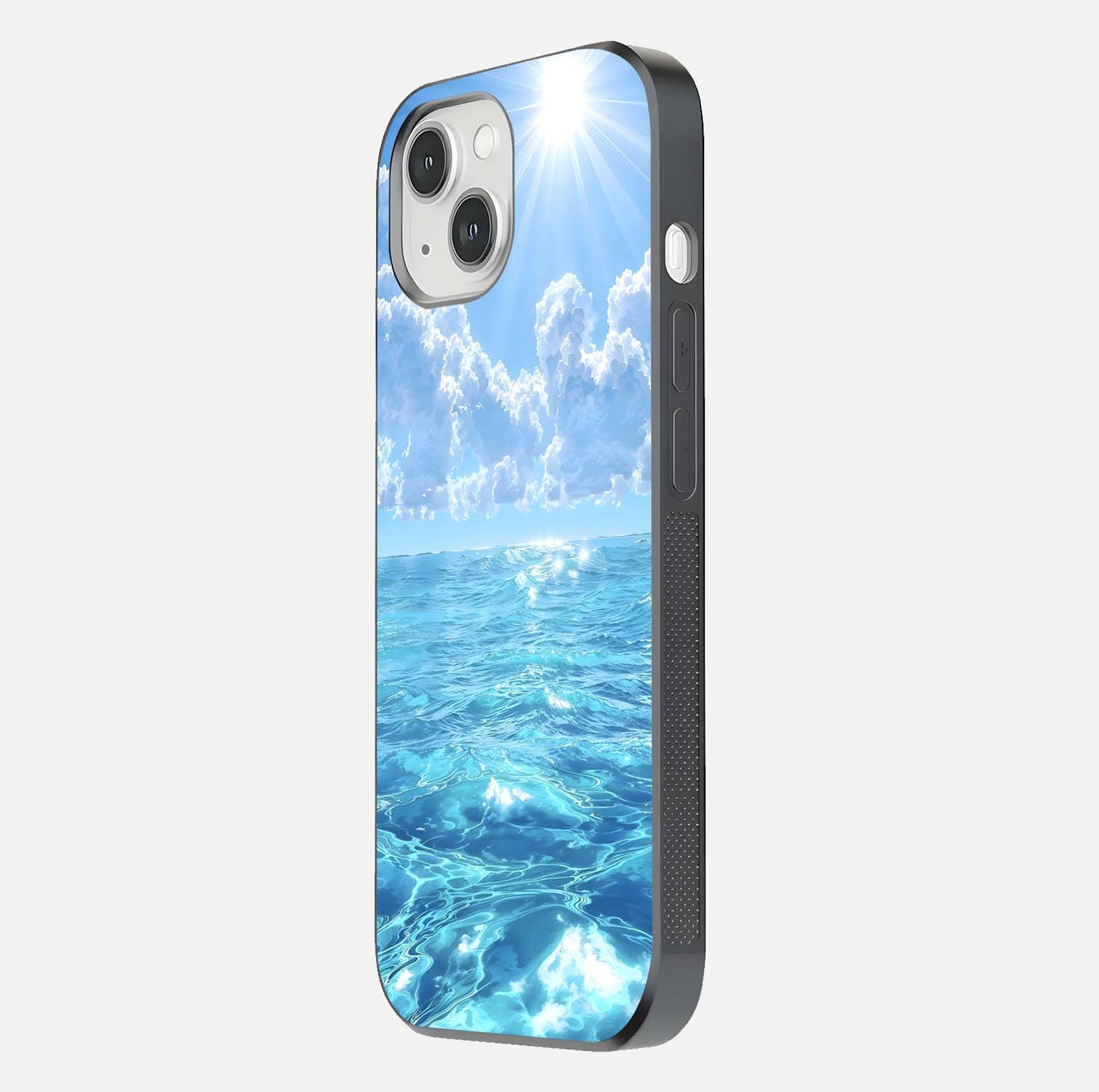 Endless Ocean Horizon Glass Case for iPhone 14 side-angle photo showing reflection glow and wave tone