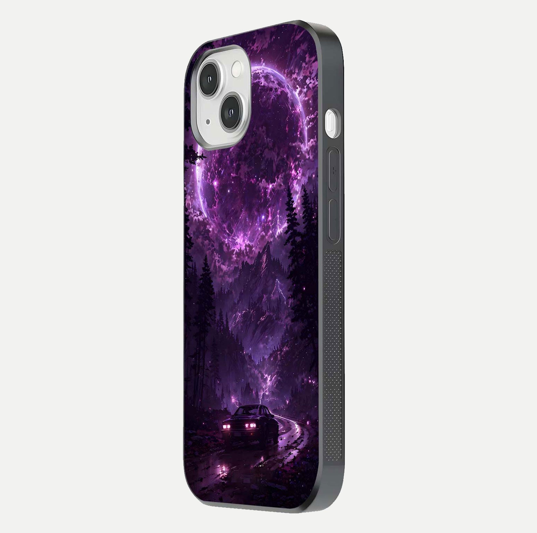 Eternal Cosmic Drive Glass Case for iPhone 14 side-angle image showing reflection texture and color contrast