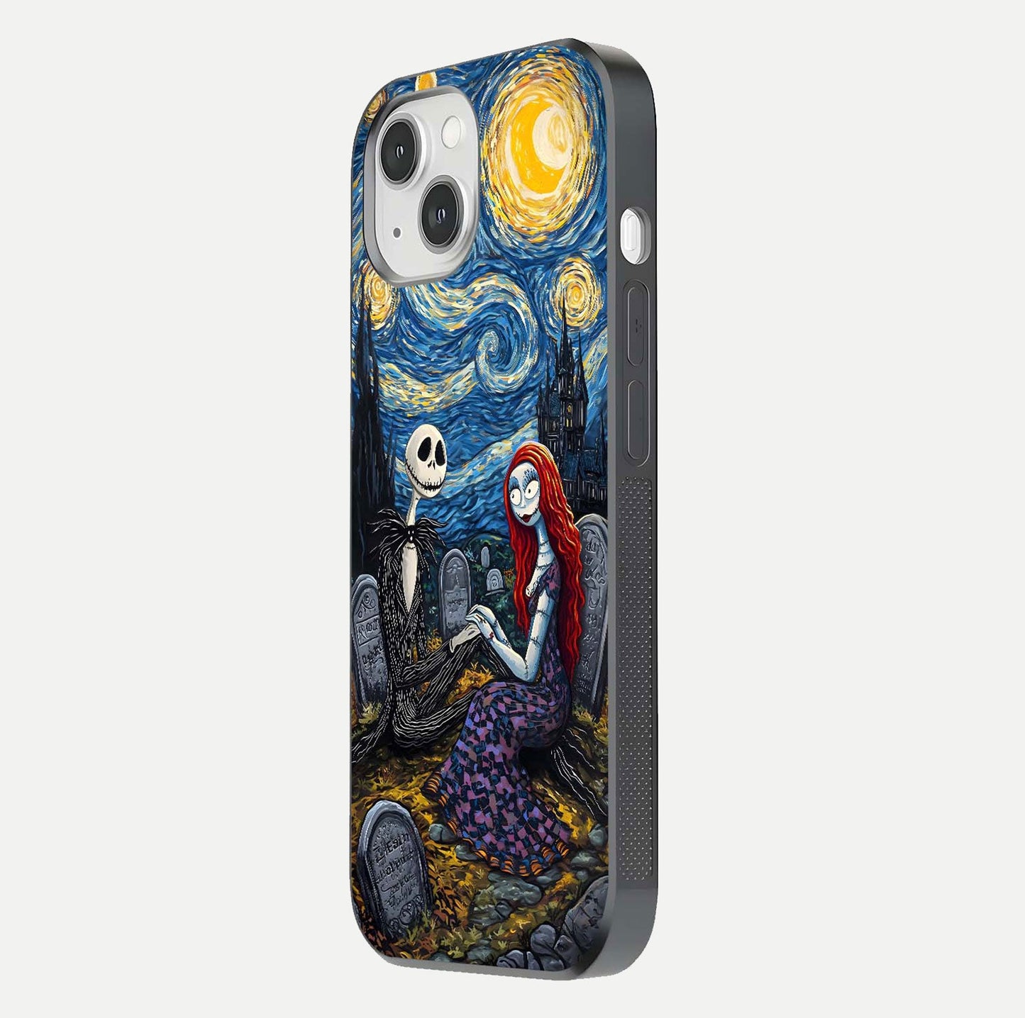 Eternal Night Love Glass Case for iPhone 14 side-angle photo showing edge shine and soft reflection