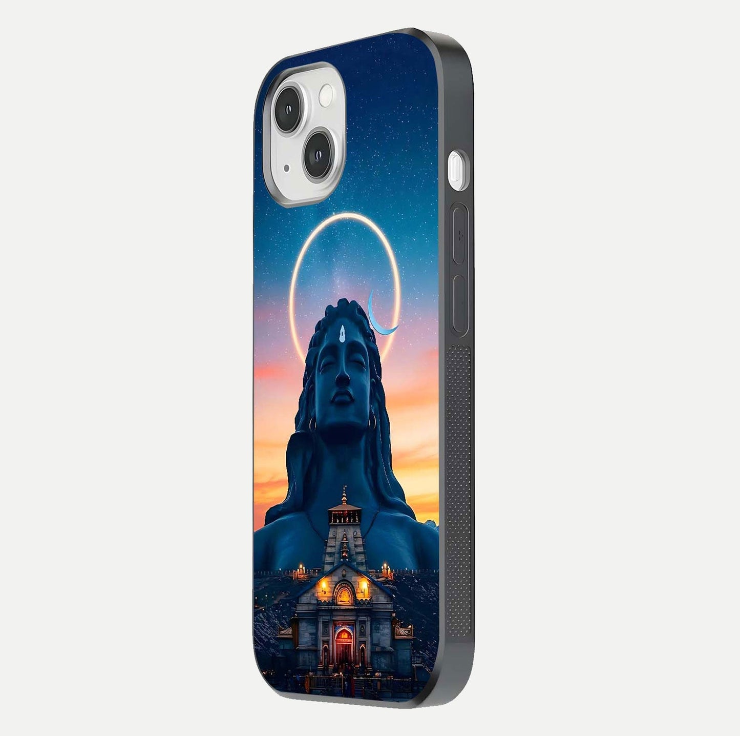 Eternal Shiva Aura Glass Case for iPhone 14 side-angle image showing reflection clarity and rich tone