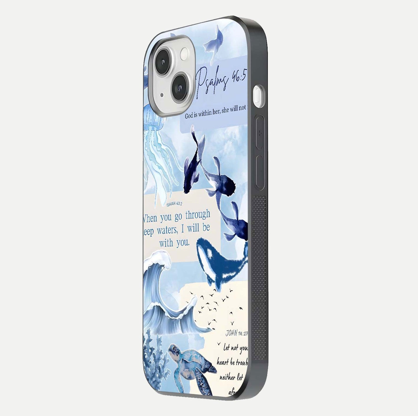 Faithful Ocean Promise Glass Case for iPhone 14 side-angle photo showing reflection glow and color clarity