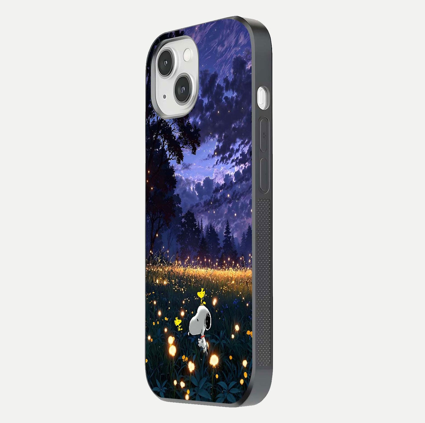 Firefly Meadow Magic Glass Case for iPhone 14 side-angle image capturing glow reflection and fine texture