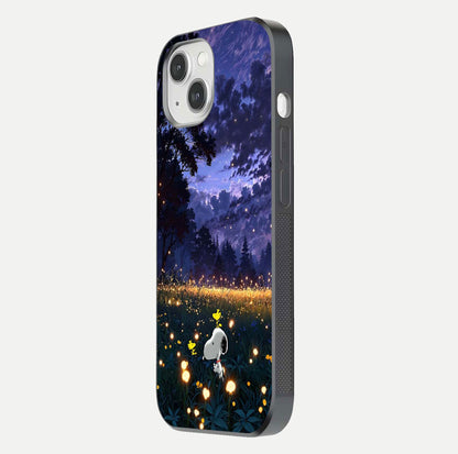 Firefly Meadow Magic Glass Case for iPhone 14 side-angle image capturing glow reflection and fine texture
