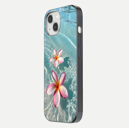 Floating Bloom Bliss Glass Case for iPhone 14 side-angle photo showing smooth reflection and elegant curve