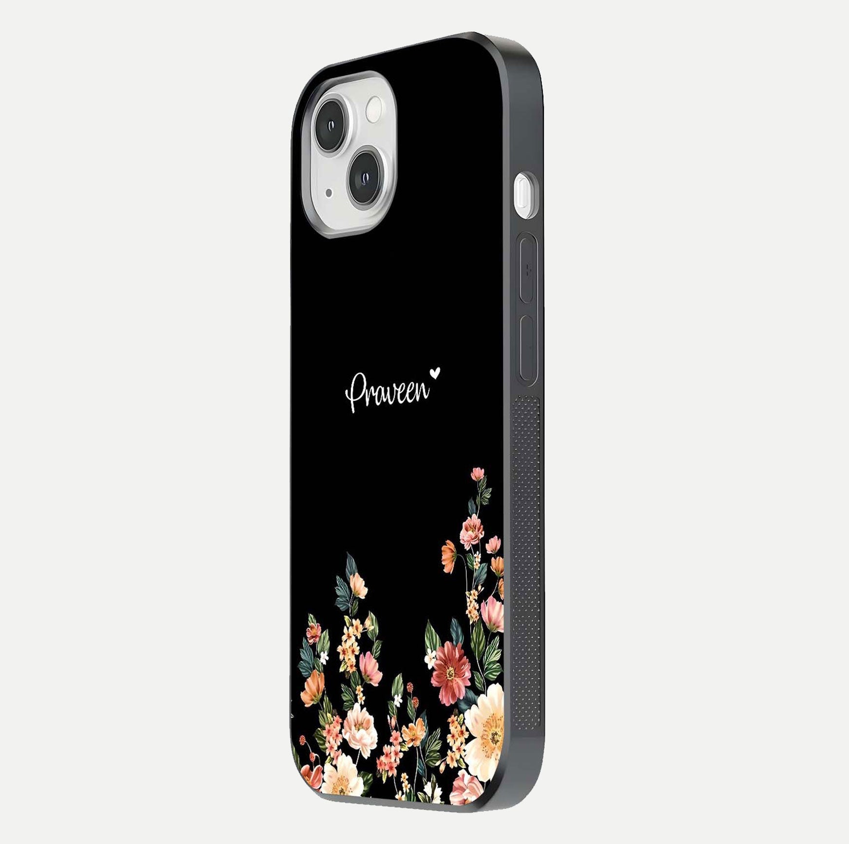 Floral Design Personalized Custom Name Glass Case for iPhone 14 side-angle image showing name alignment and gloss shine