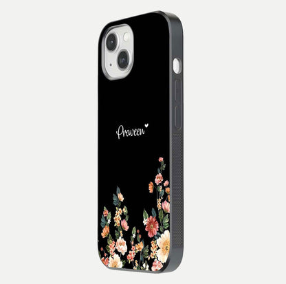 Floral Design Personalized Custom Name Glass Case for iPhone 14 side-angle image showing name alignment and gloss shine