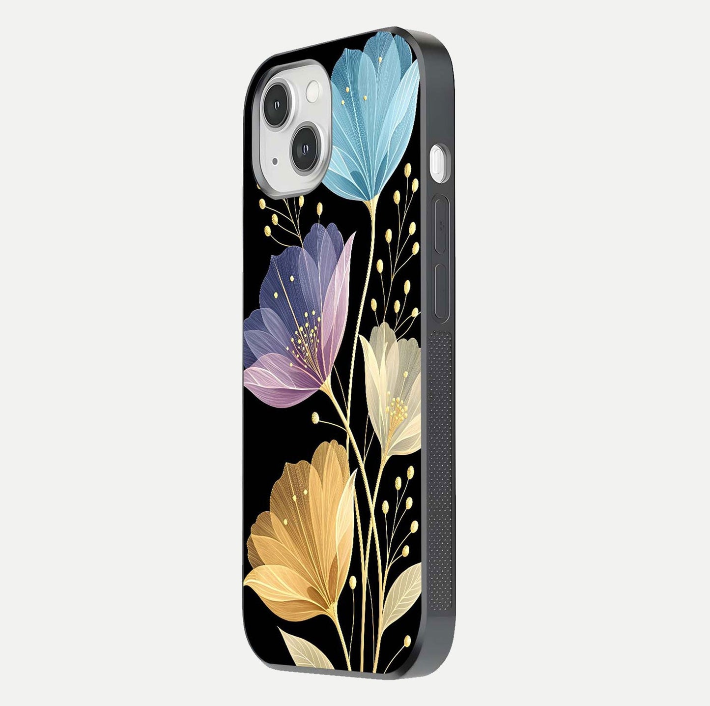 Flower Bloom Glow Glass Case for iPhone 14 side-angle image capturing gloss reflection and flower glow