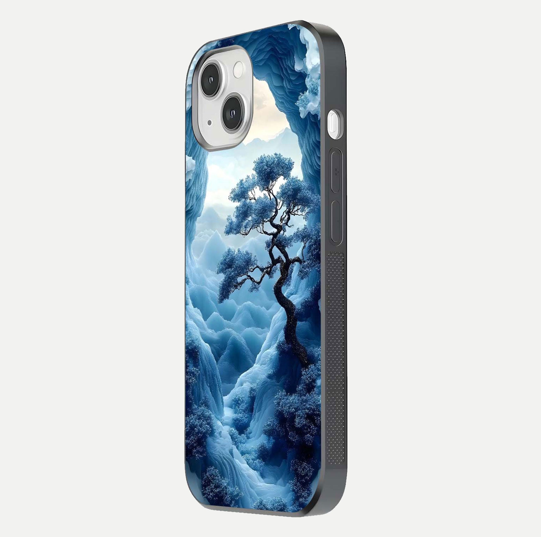 Frozen Serenity Gate Glass Case for iPhone 14 side-angle photo showing reflective surface and cold tones
