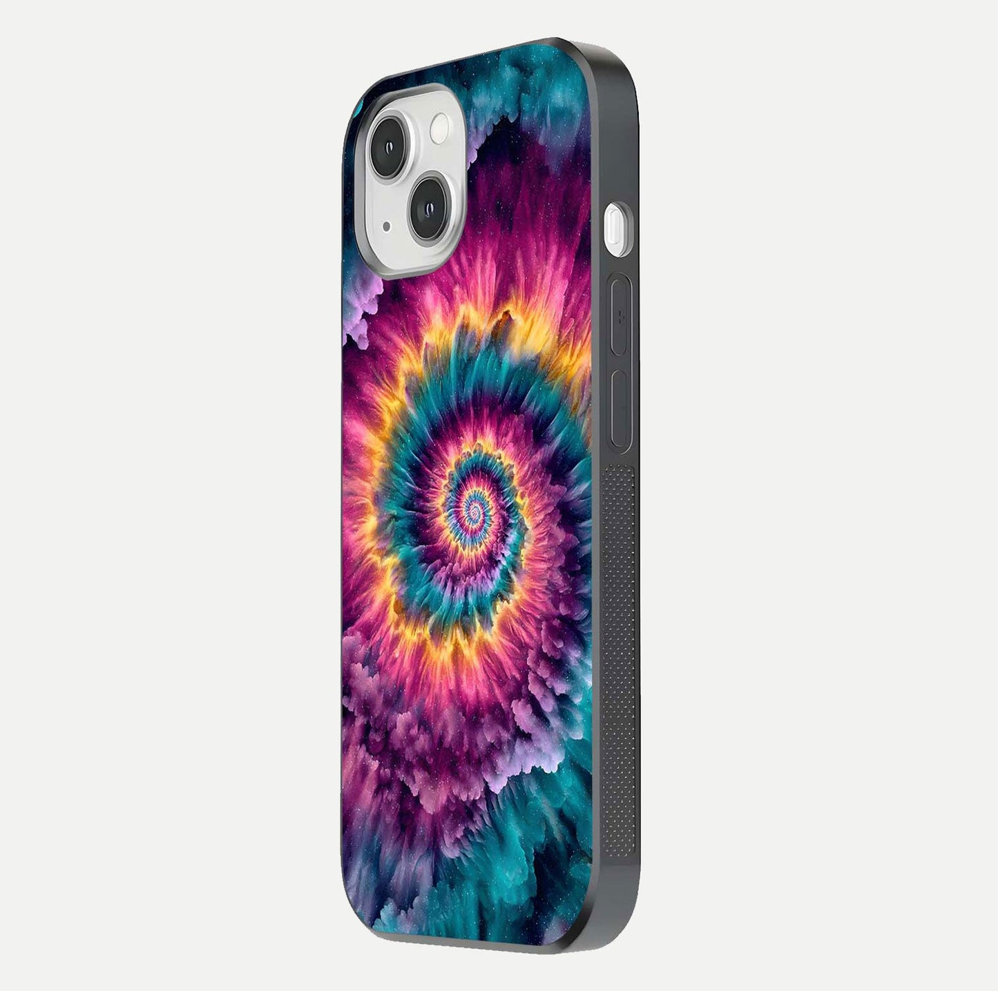 Galactic Spiral Burst Glass Case for iPhone 14 side-angle image showing reflection clarity and vivid galactic texture