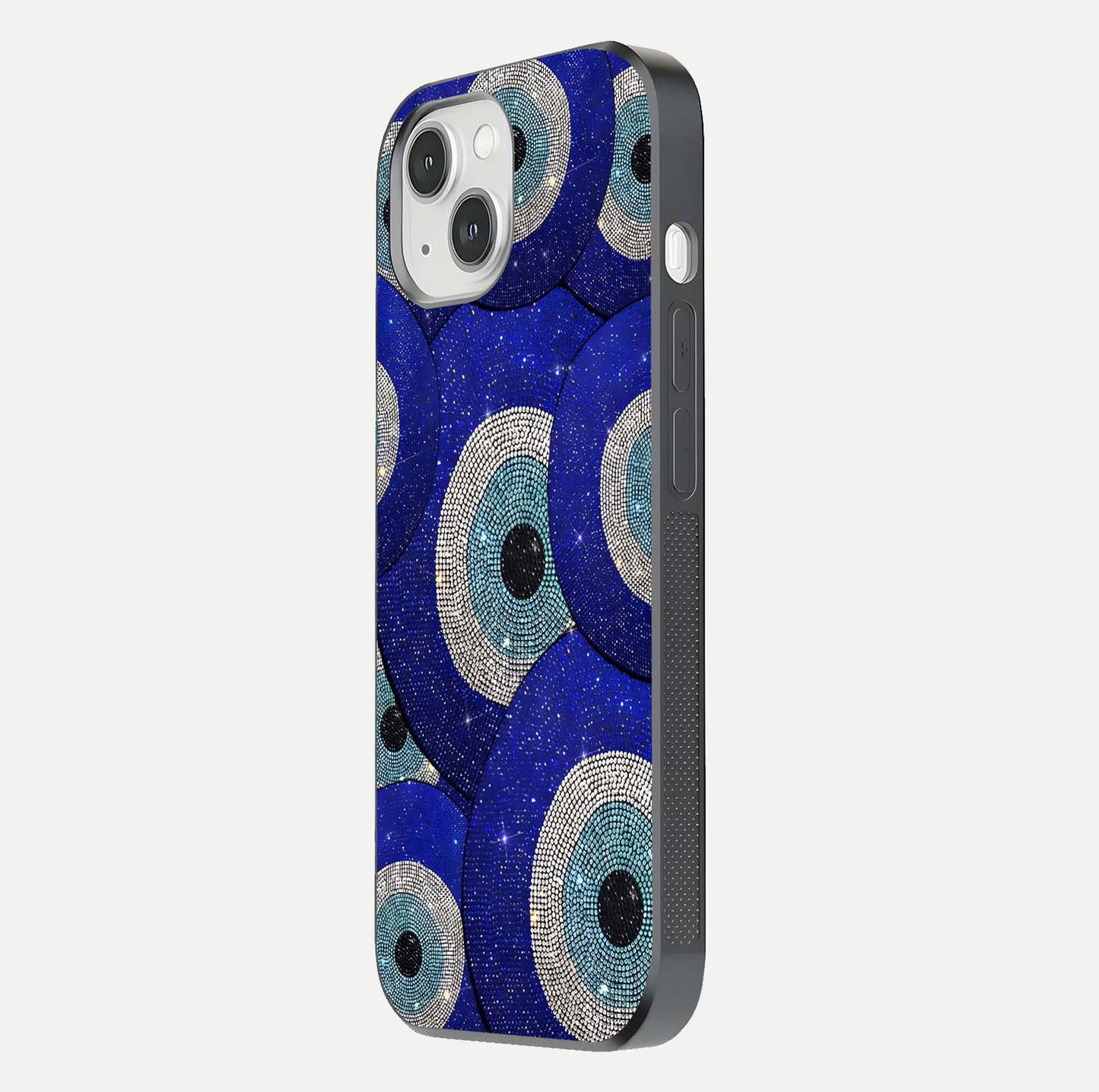 Galaxy Eye Flow Glass Case for iPhone 14 side-angle image showing reflection detail and premium shine