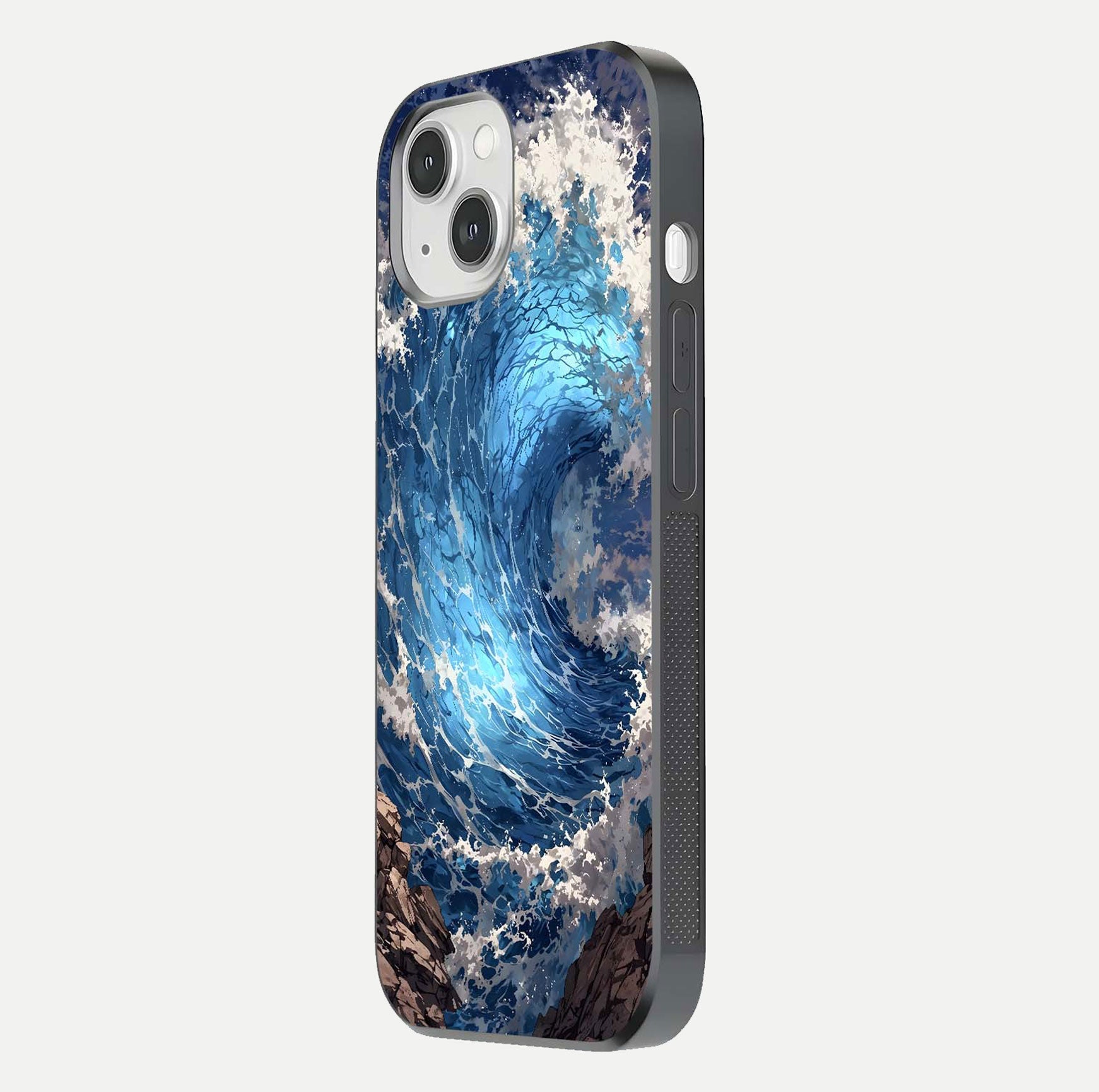 Giant Ocean Wave Glass Case for iPhone 14 side-angle image showing light reflection and ocean detail