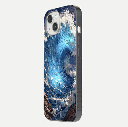 Giant Ocean Wave Glass Case for iPhone 14 side-angle image showing light reflection and ocean detail