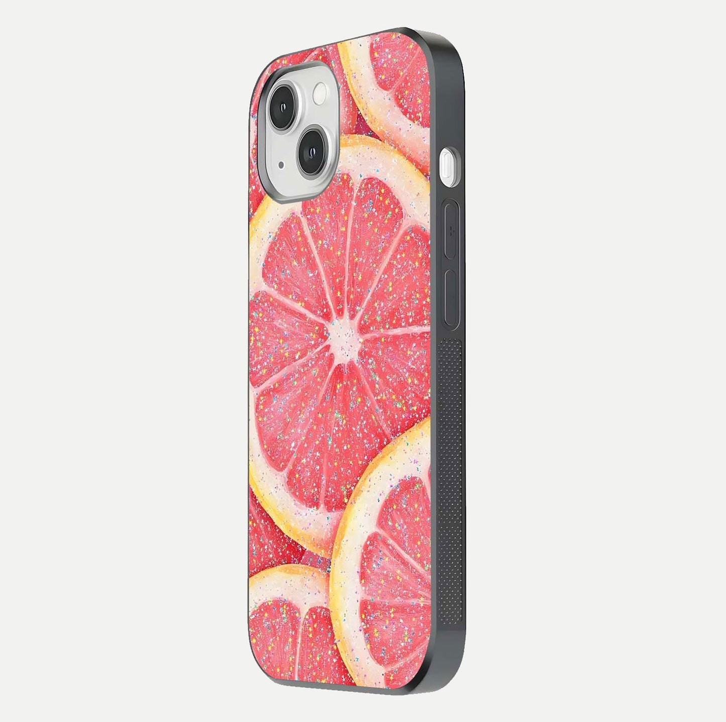 Glitter Grapefruit Glass Case for iPhone 14 side-angle image showing reflection glow and polished edges