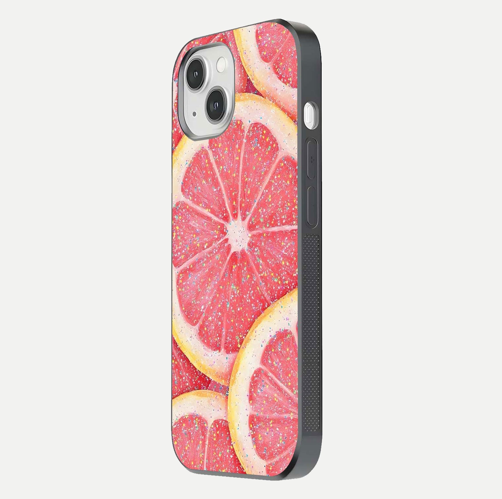 Glitter Grapefruit Glass Case for iPhone 14 side-angle image showing reflection glow and polished edges