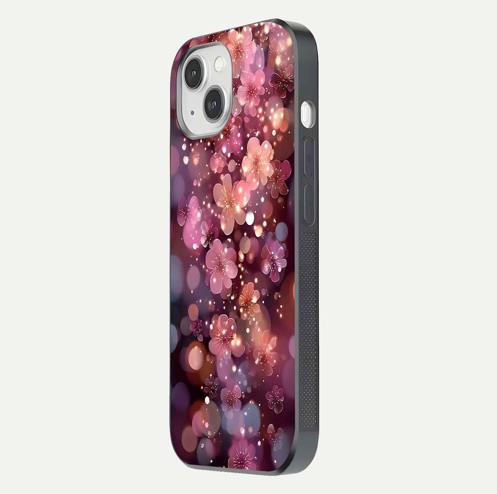 Glowing Petal Bliss Glass Case for iPhone 14 side-angle image showing light reflection and soft floral texture