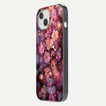 Glowing Petal Bliss Glass Case for iPhone 14 side-angle image showing light reflection and soft floral texture